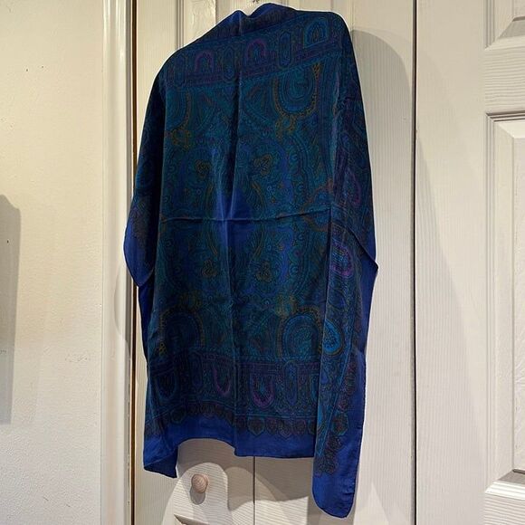 VTG Large Square Silk Cobalt Blue Teal Purple Jewel Toned Paisley Mosaic Scarf - Picture 11 of 16